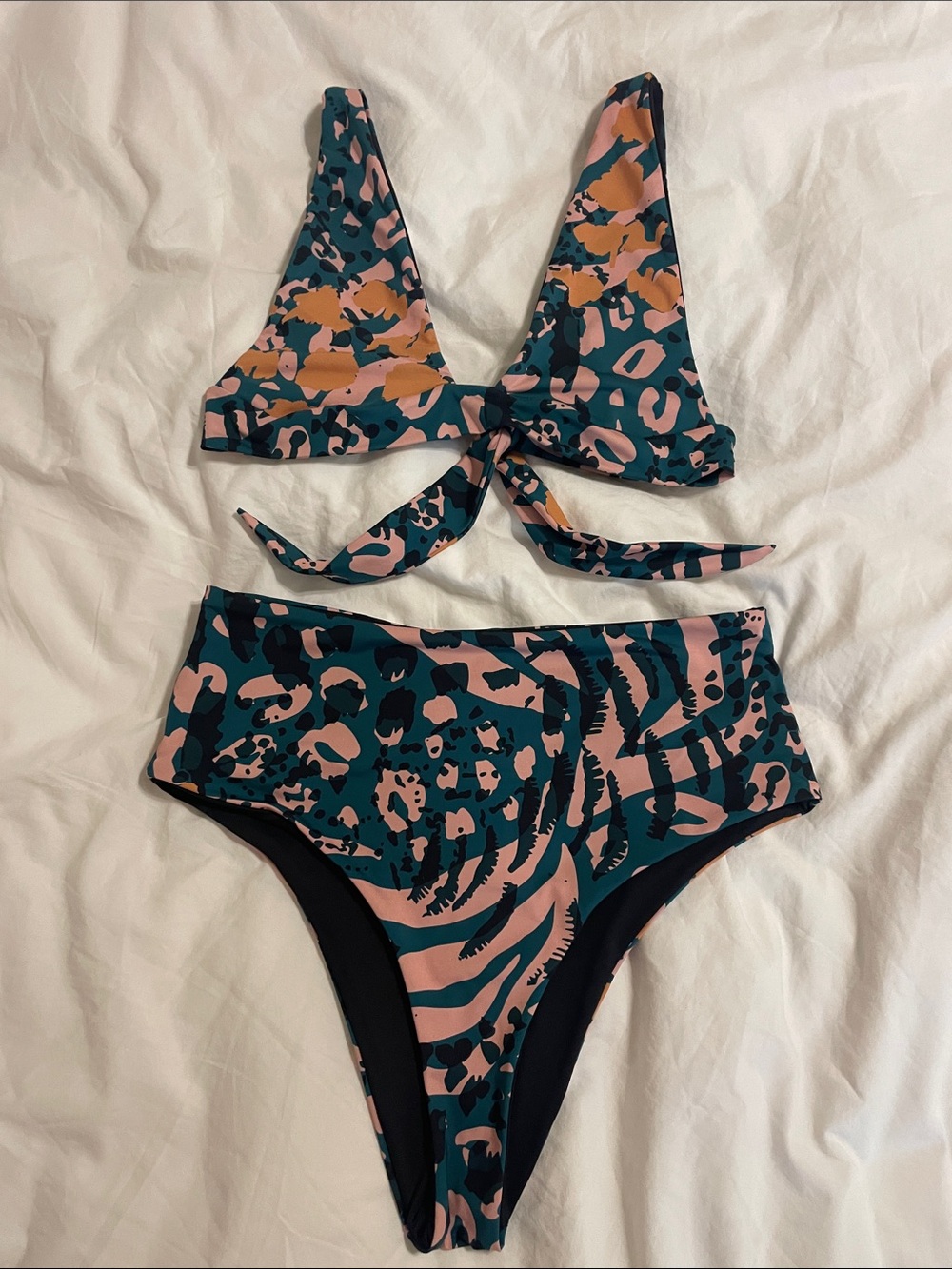 Teal & Blush Leopard Print High-Waist Bikini Set